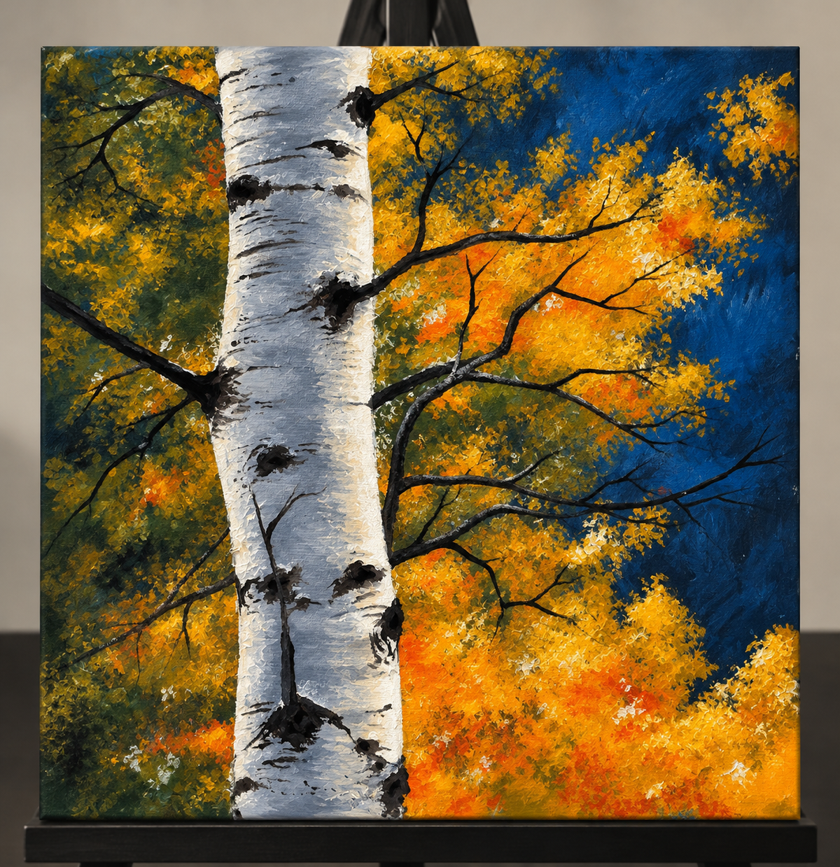 Birch Falls autumn birch tree acrylic painting with golden foliage and deep blue sky at String hART Studio in Hammonton NJ