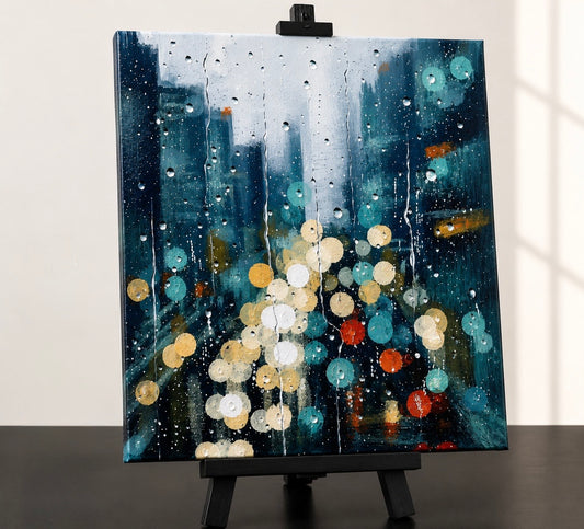 Abstract rainy city lights acrylic painting on canvas at String hART Studio in Hammonton, New Jersey