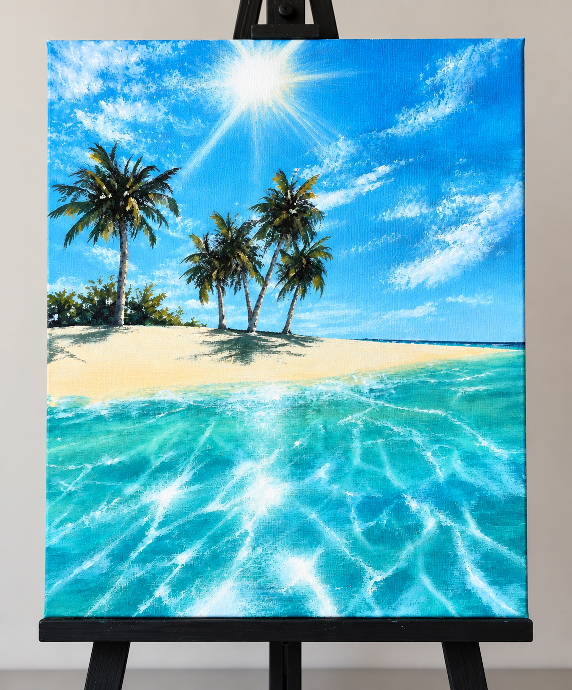 Tropical beach painting with turquoise water, palm trees and sandy shore for Bring Back Summer Paint Night at String hART Studio in Hammonton NJ