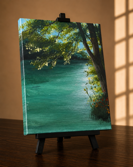 Acrylic painting of a peaceful lakeside landscape with trees and calm water at String hART Studio in Hammonton, New Jersey.