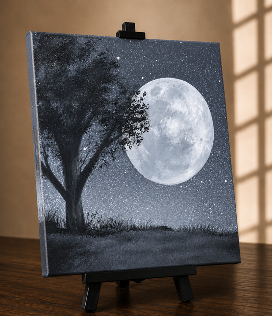 Acrylic painting of a glowing full moon and silhouetted tree titled Summer Nights at String hART Studio in Hammonton, New Jersey.