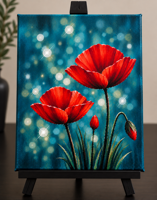 Red poppy painting with teal background and glowing reflections for Bloom & Glow Paint Night at String hART Studio in Hammonton NJ